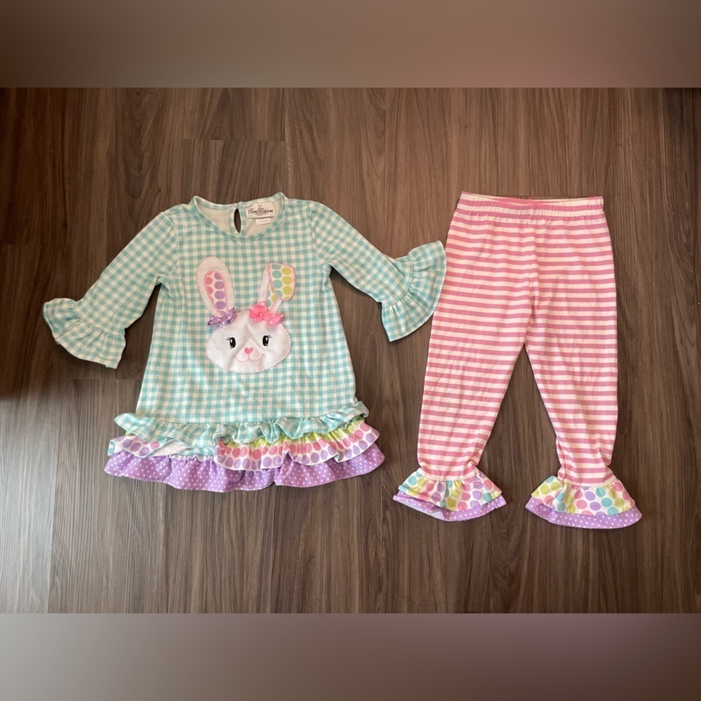 Rare Editions Girls Gingham Bunny Ruffle Set - Green and Pink size 6